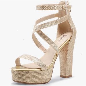 IDIFU Women's Metallic Glitter Gold Open Toe Cross Strap Platform Heels